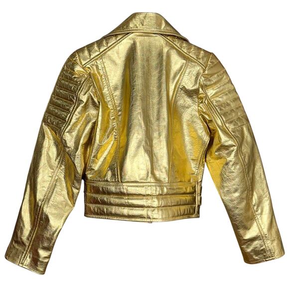 Women's Gold Metallic Style Genuine Leather Jacket - Sz: XXS - Picture 3 of 8
